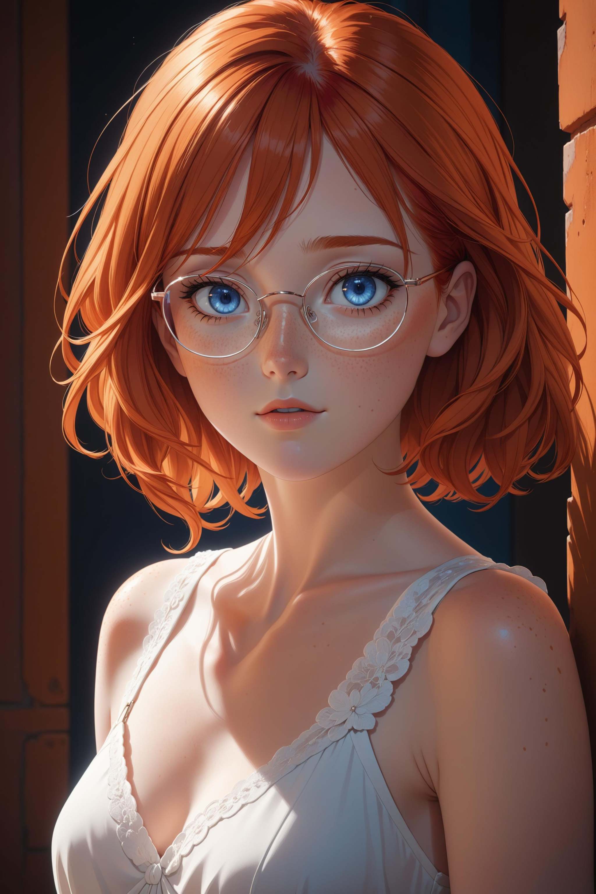 a young woman with red hair,  small narrow glasses,  wearing a white dress on Tensor.Art