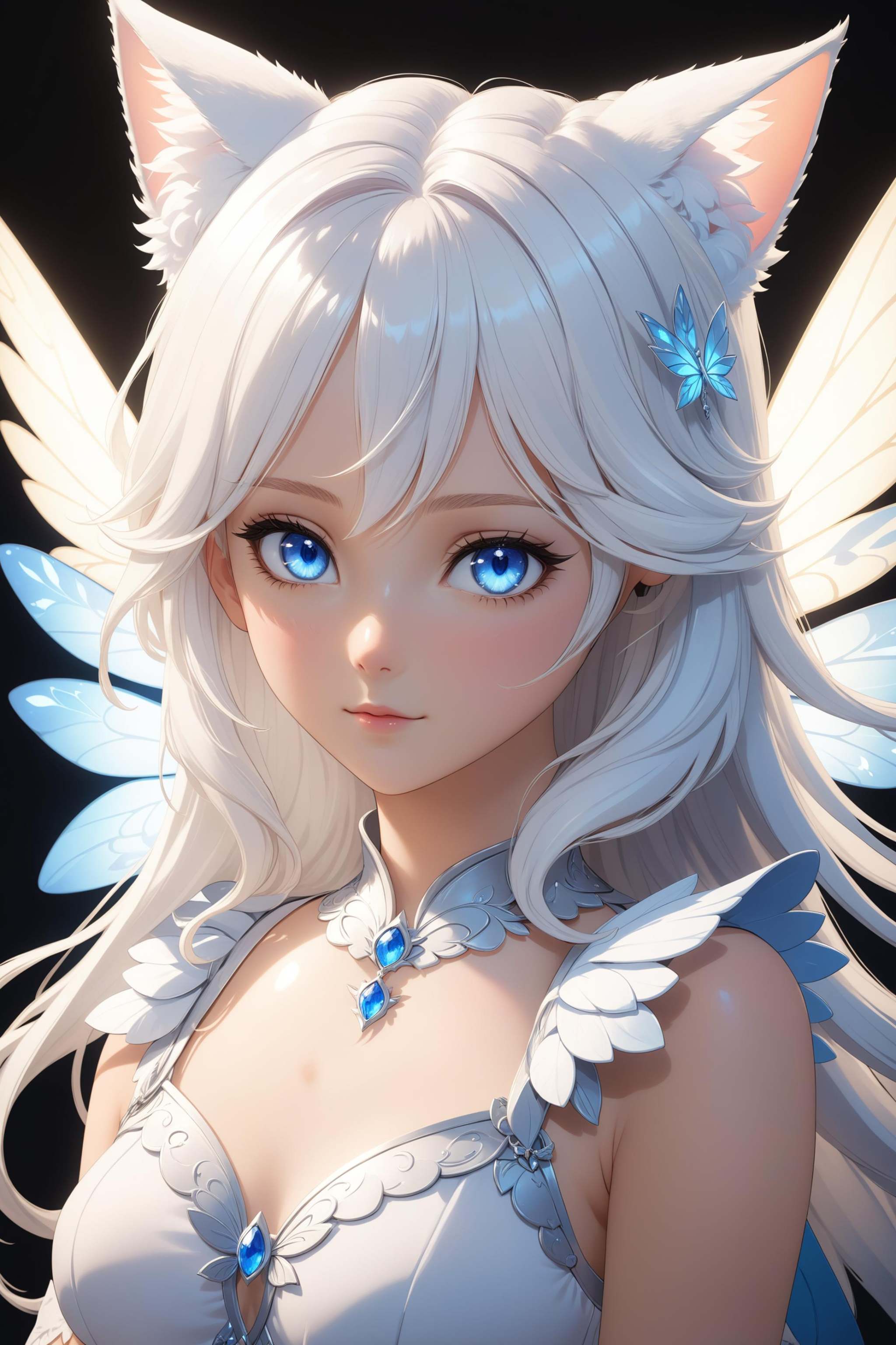 a young white girl in a fairy outfit with white cat ears and wings,  1girl,  solo on Tensor.Art
