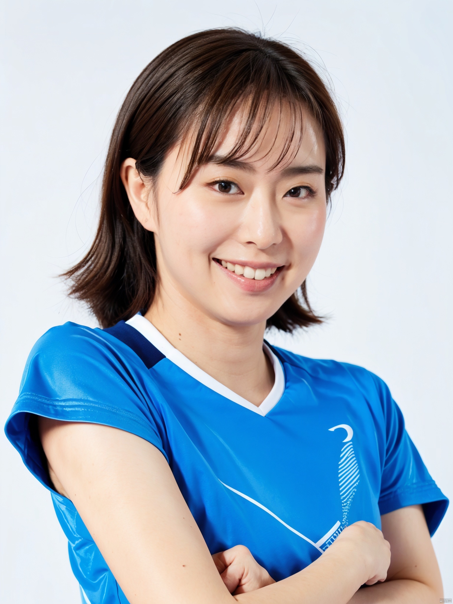 (masterpiece, 4k, best quality, highly detailed, 1girl, solo),realistic, solo, 1girl, clothes_writing, mole, gradient, shirt, teeth, gradient_background, lips, upper_body, blue_shirt, looking_at_viewer, soccer, t-shirt, asian