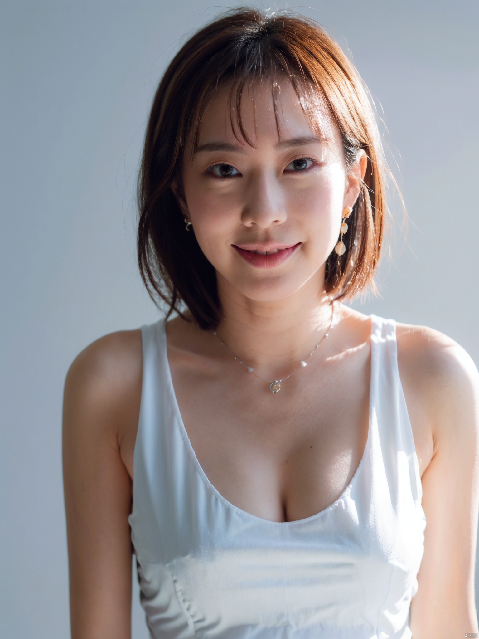(masterpiece, 4k, best quality, highly detailed, 1girl, solo),1girl, jewelry, breasts, solo, earring, black hair, cleavage,dress, necklace, looking at viewer, flower, white dress, black flower, short hair, black rose, upper body, parted lips, rose, bangs, collarbone, grey background, big breasts, black eyes, pearl necklace, large breasts, see-through, hair between eyes, brown eyes, blush, midjourney, Colorful portraits,