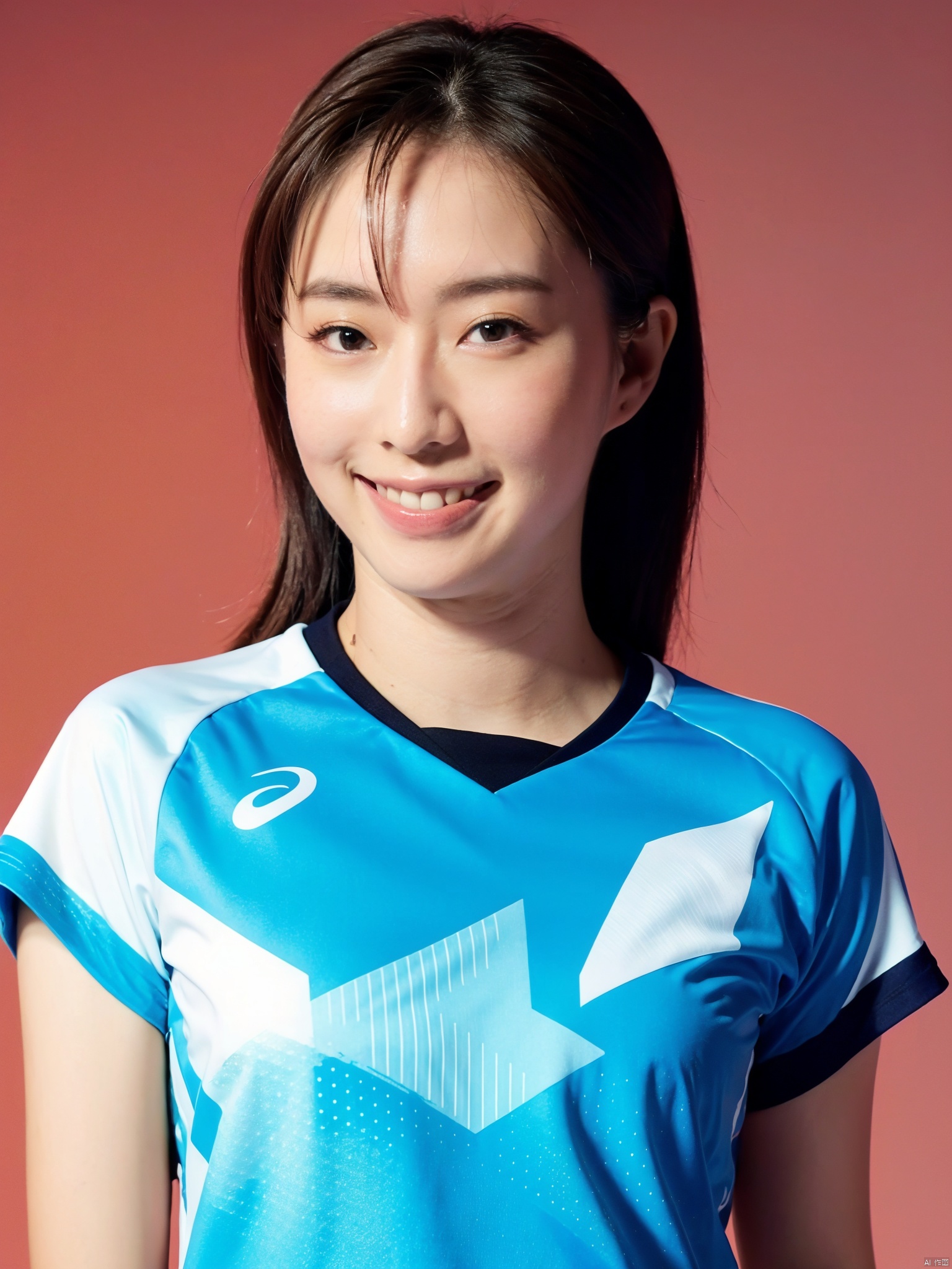 (masterpiece, 4k, best quality, highly detailed, 1girl, solo),realistic, solo, 1girl, clothes_writing, mole, gradient, shirt, teeth, gradient_background, lips, upper_body, blue_shirt, looking_at_viewer, soccer, t-shirt, asian