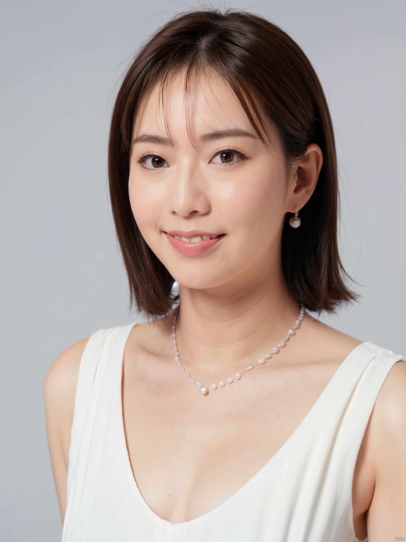 (masterpiece, 4k, best quality, highly detailed, 1girl, solo),1girl, jewelry, breasts, solo, earring, black hair, cleavage,dress, necklace, looking at viewer, flower, white dress, black flower, short hair, black rose, upper body, parted lips, rose, bangs, collarbone, grey background, big breasts, black eyes, pearl necklace, large breasts, see-through, hair between eyes, brown eyes, blush, midjourney, Colorful portraits,