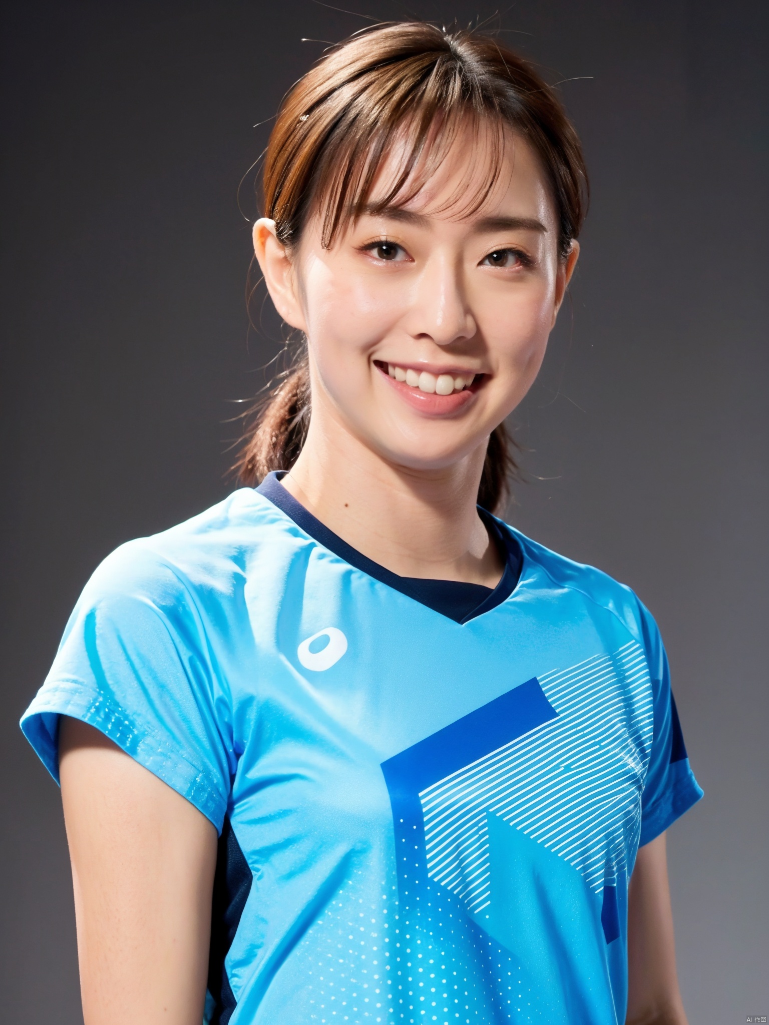 (masterpiece, 4k, best quality, highly detailed, 1girl, solo),realistic, solo, 1girl, clothes_writing, mole, gradient, shirt, teeth, gradient_background, lips, upper_body, blue_shirt, looking_at_viewer, soccer, t-shirt, asian