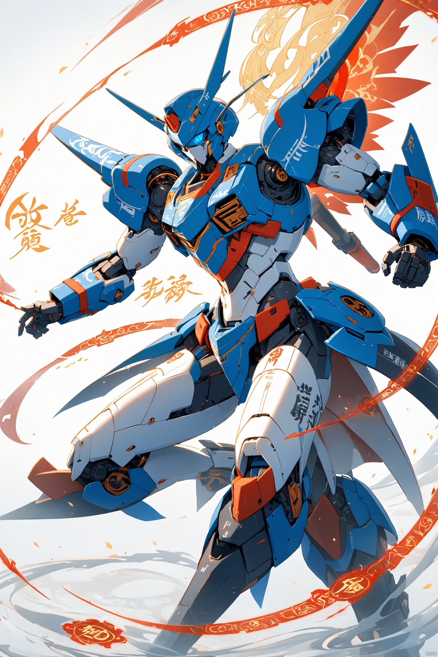 magic effect, Surrounded by rotating transparent red scrolls, floating transparent red Chinese characters, dynamic, rotating, 1 man standing in the air, not looking at the camera, writing calligraphy, solo, blue eyes, holding, weapon, holding weapon, glow, robot, mecha, science fiction, open_hand,v-fin, movie lighting, strong contrast, high level of detail, best quality, masterpiece