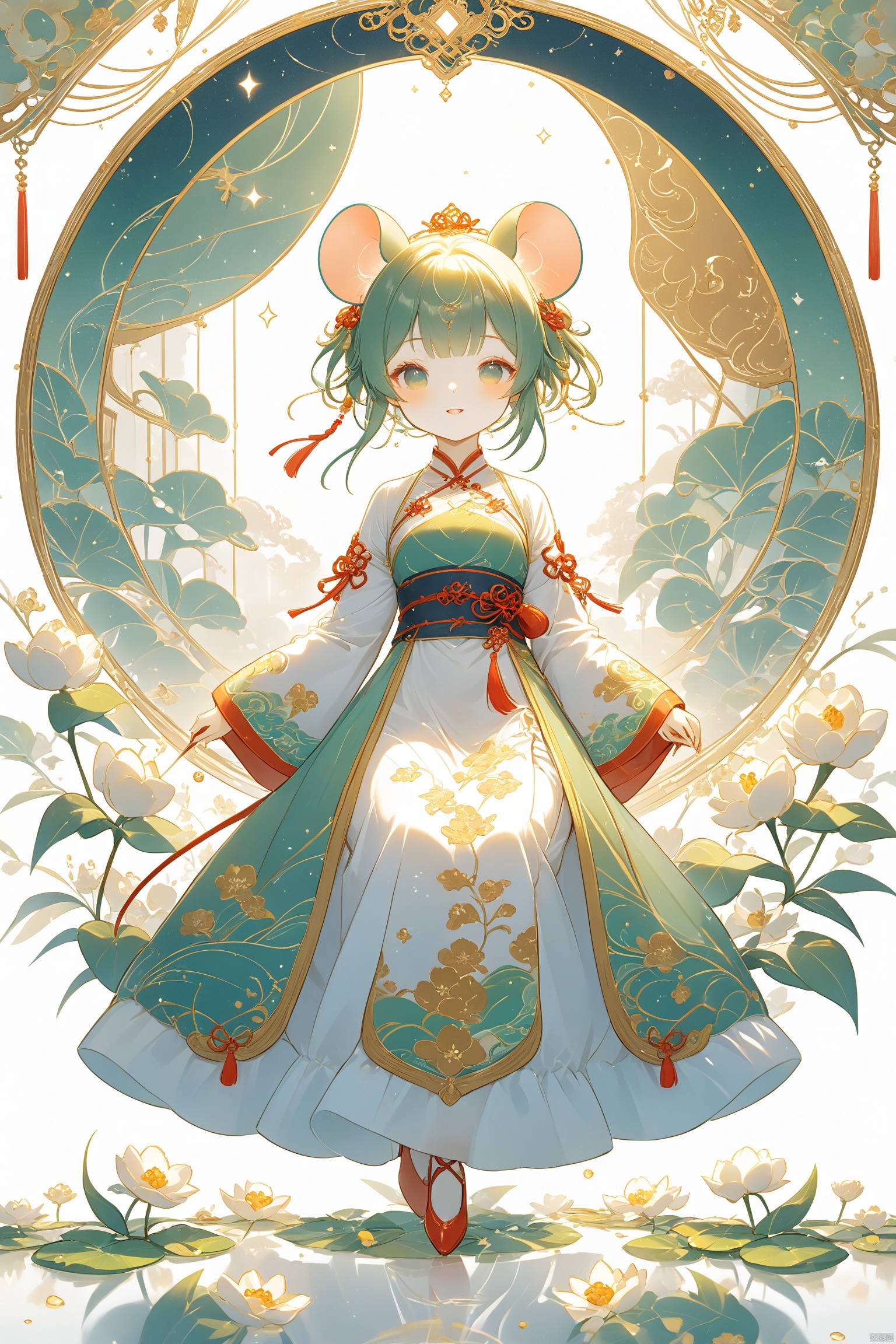 a mouse wearing a hanfu in the center of an illustration in the style of hsiao ron cheng ,rebecca guay style, lightbeige and light yellow, extreme rich detail, clampsmile, serene, this artwork uses soft colors to create a dreamy atmosphere. it features an elegant posture, symmetrical composition, soft lighting, delicate brushstrokes, delicate facial expressions, natural scenery, and tranquility