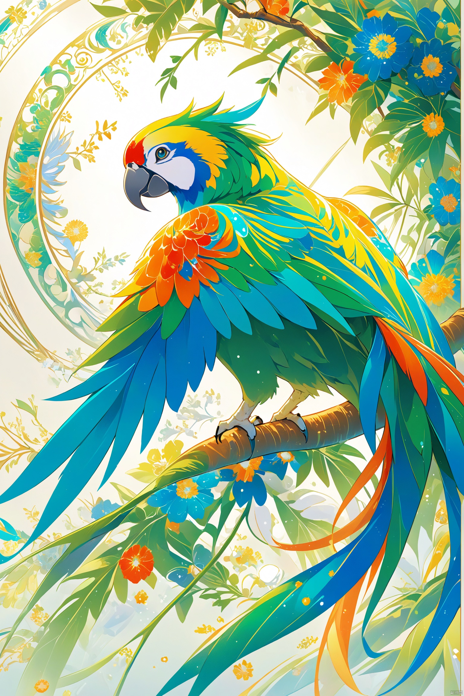 Enamel, a fluffy parrot with colorful patterns, creates an ethereal atmosphere. It was created using digital painting techniques to highlight its fine textures and intricate details. This artwork showcases superb craftsmanship and vibrant tones in a paint-by-numbers style,