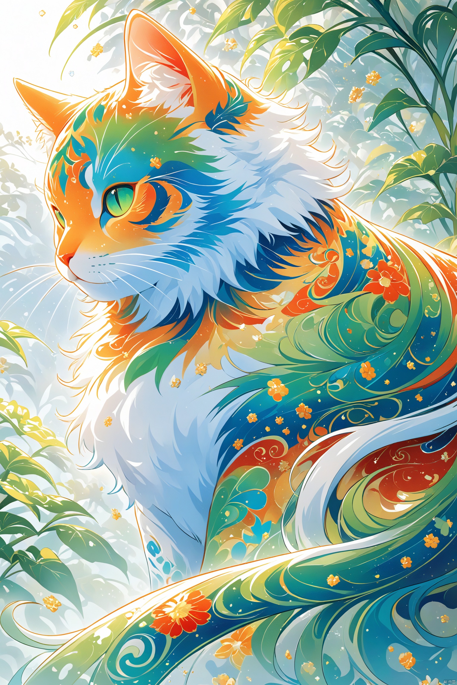 Enamel, a colorfully patterned, fluffy cat, creates an ethereal atmosphere. It was created using digital painting techniques to highlight its fine textures and intricate details. This artwork showcases superb craftsmanship and vibrant tones in a paint-by-numbers style,