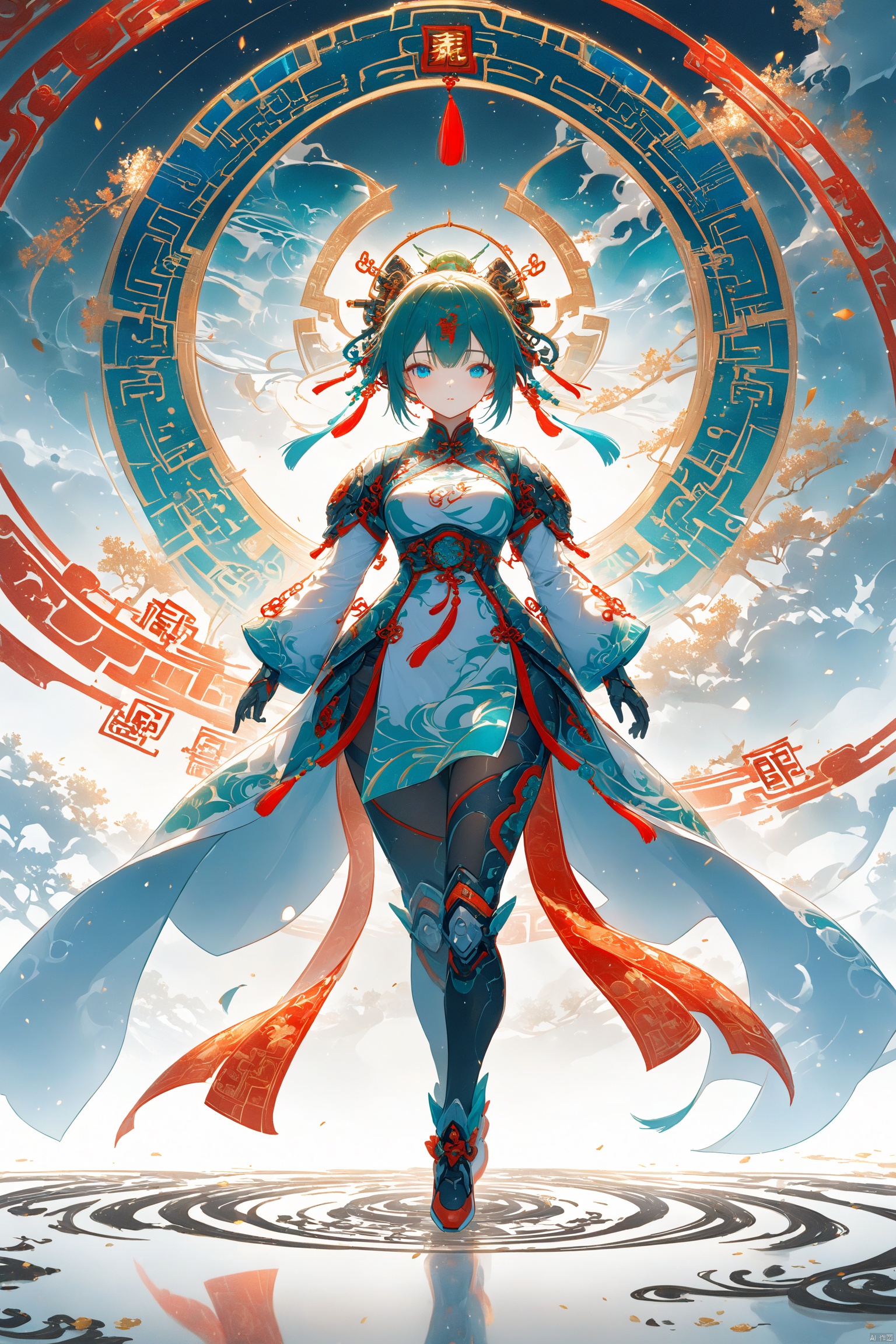Create an ethereal atmosphere. It was created using digital painting techniques to highlight its fine textures and intricate details. This piece showcases fine craftsmanship and vibrant tones in a digital painting style, surrounded by rotating transparent red scrolls, floating transparent red Chinese characters, dynamic, rotating, a person standing in the air, not looking at the camera, calligraphy , solo , blue eyes , holding , weapon , holding weapon , glowing , robot , mecha , science fiction , cinematic lighting , strong contrast , high level of detail , best quality , masterpiece