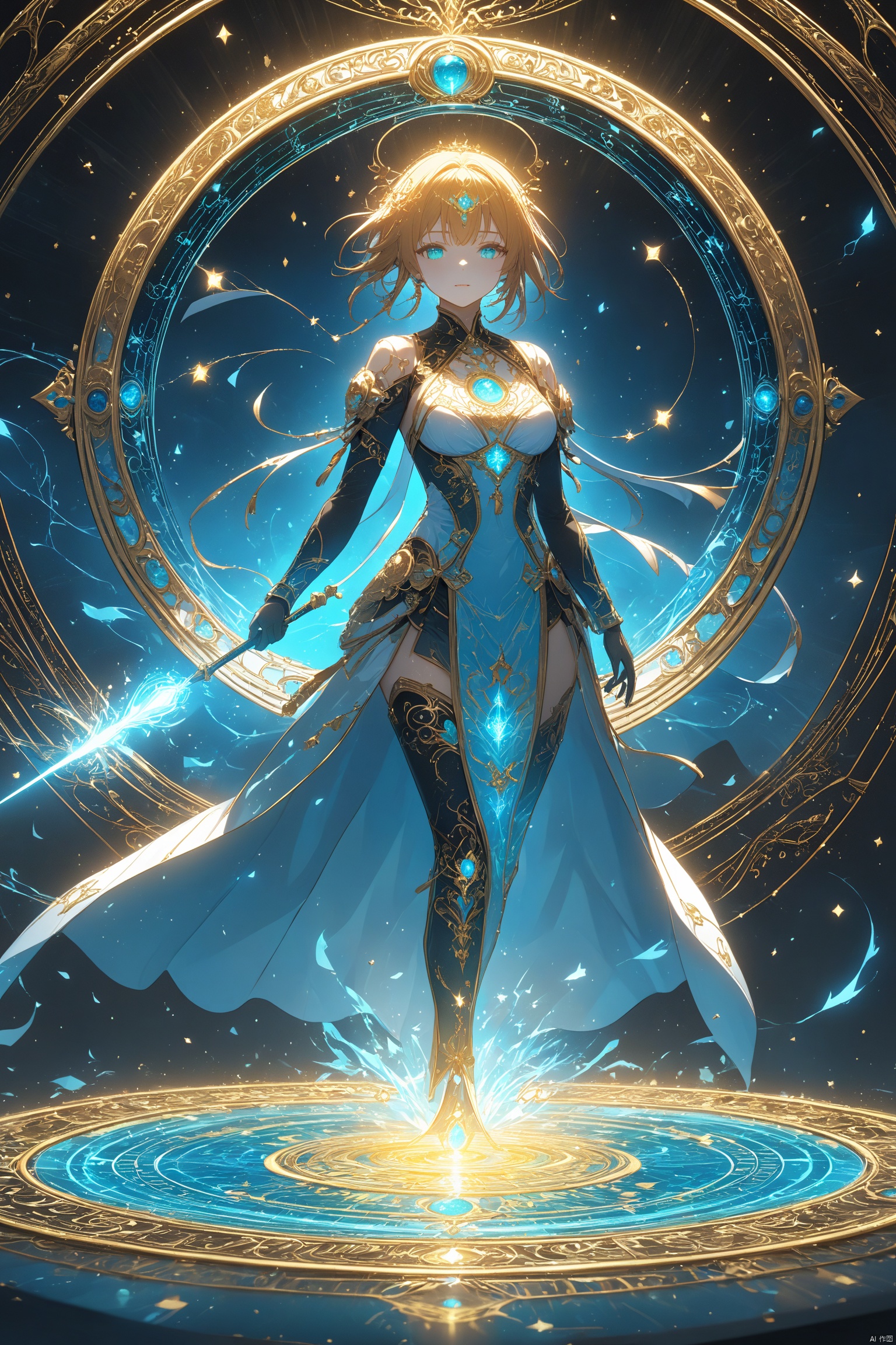 a glowing stick person casting glowing light blue magic spell, glowing yellow magic circle, dark background, highly detailed, ultra-high resolutions, 32K UHD, best quality, masterpiece