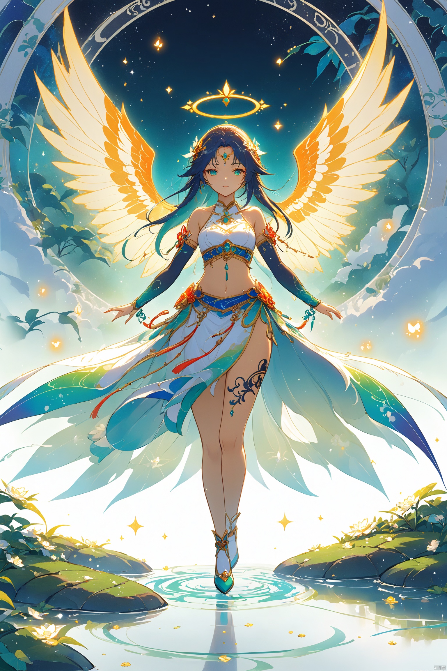 Kirlian photography style, ethereal beauty, ink painting, splash ink, Gongbi, exquisite brushstrokes, Zen simplicity, a sacred fairy wearing an angel skirt, colorful wings, and a halo, standing on the ground and looking forward, Concept art for animated action games in the style of Peter Morbach