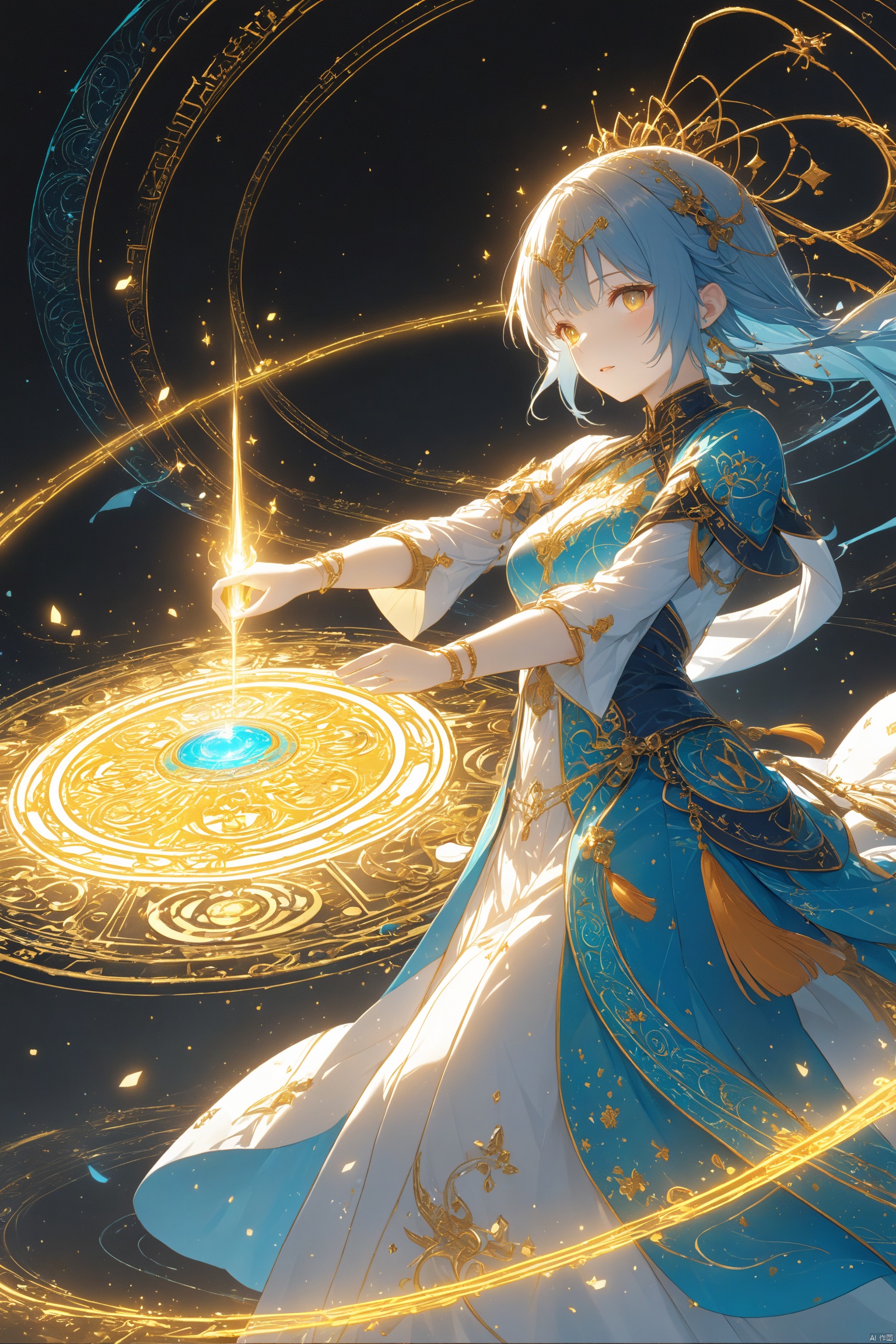 a glowing stick person casting glowing light blue magic spell, glowing yellow magic circle, dark background, highly detailed, ultra-high resolutions, 32K UHD, best quality, masterpiece