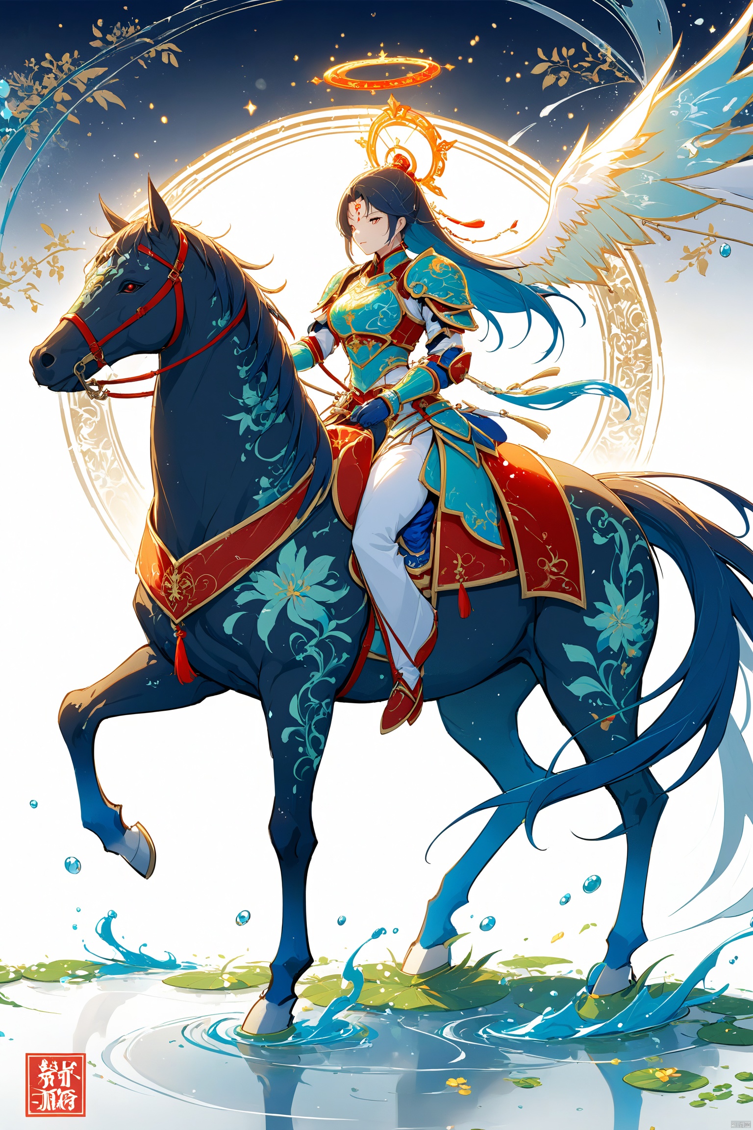 Kirlian photography style, ethereal beauty, ink painting, splash ink, Gongbi, exquisite brushwork, Zen simplicity, a holy knight wearing colorful armor and halo, holding a spear and riding a war horse, Peter Mo Jurbach style, concept art for animated action games,