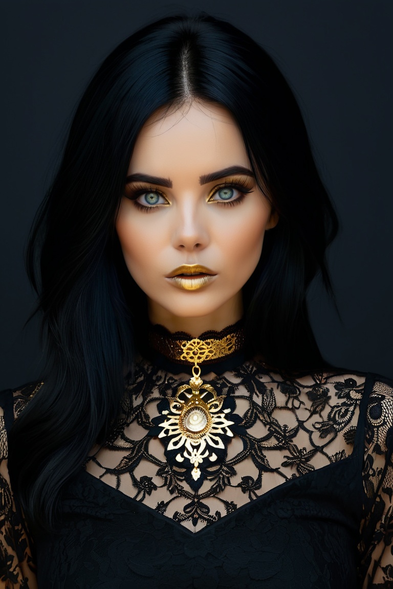 Surrealist art ohwx woman wearing a golden choker,  black hair,  lace black shirt on Tensor.Art