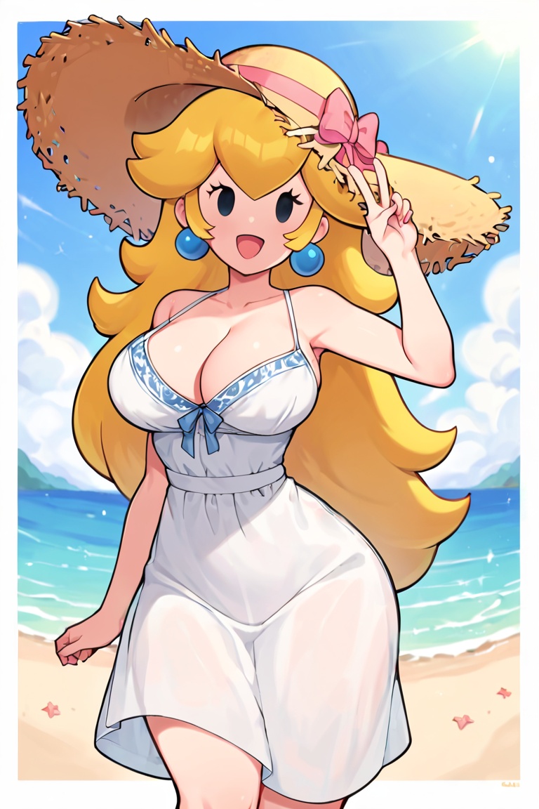 Princess Peach stands tall on a sun-kissed beach,  wearing a flowing white sundress with spaghetti straps and a wide-brimm...
