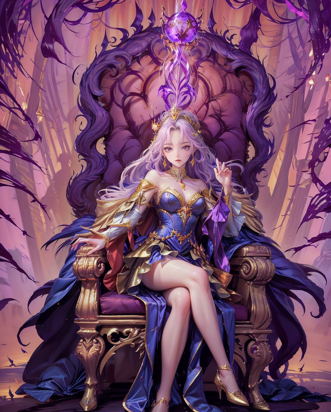 In a dimly lit,  ornate throne room with crimson drapes and golden accents,  a regal figure stands majestically. The strik...