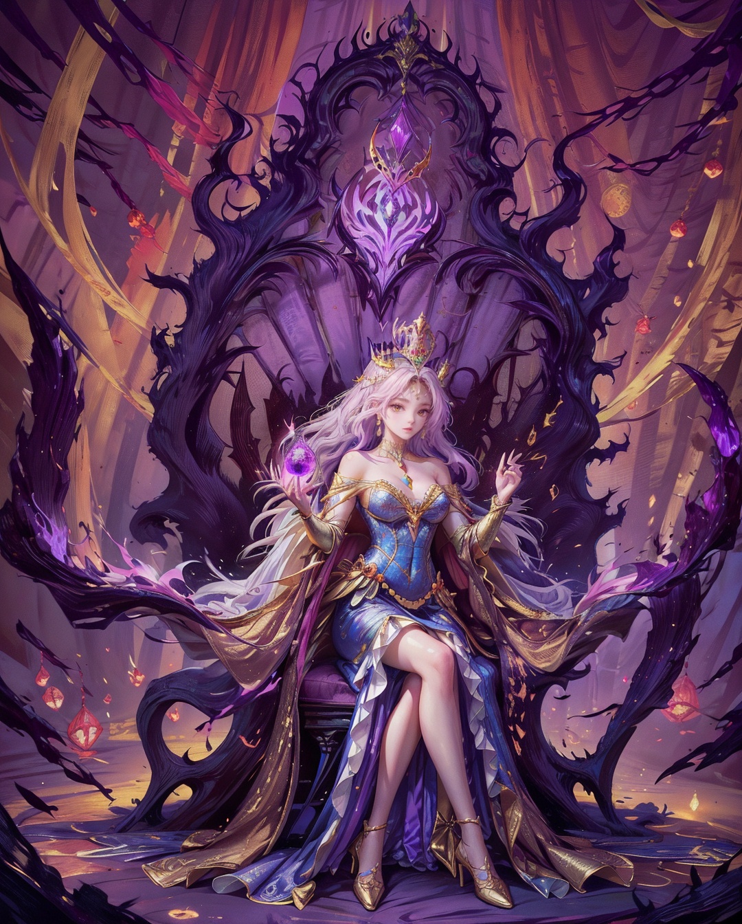 In a dimly lit,  ornate throne room with crimson drapes and golden accents,  a regal figure stands majestically. The strik...