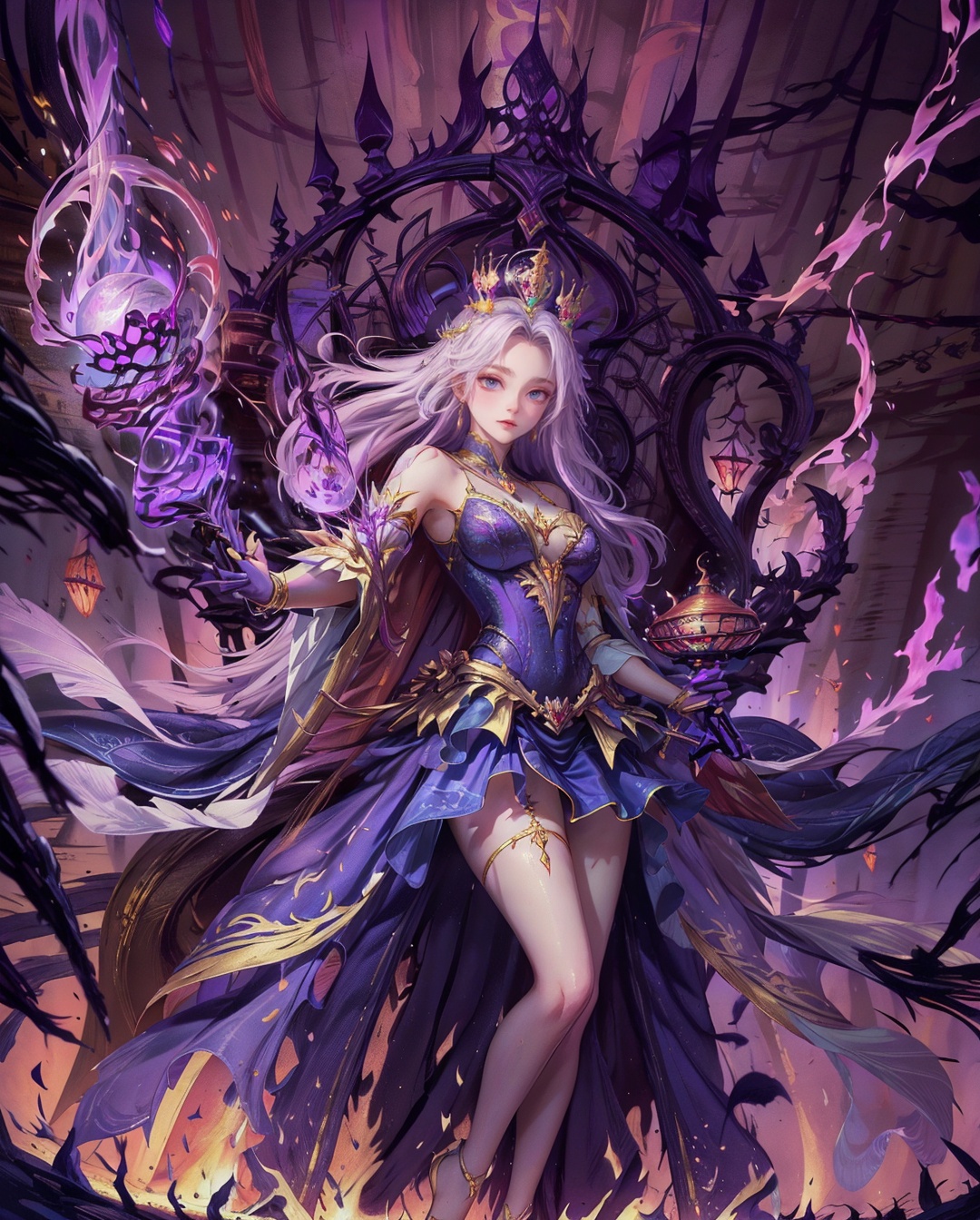 A majestic sorceress stands before a dimly lit throne room,  crimson drapes billowing behind her like a fiery cape. Her re...