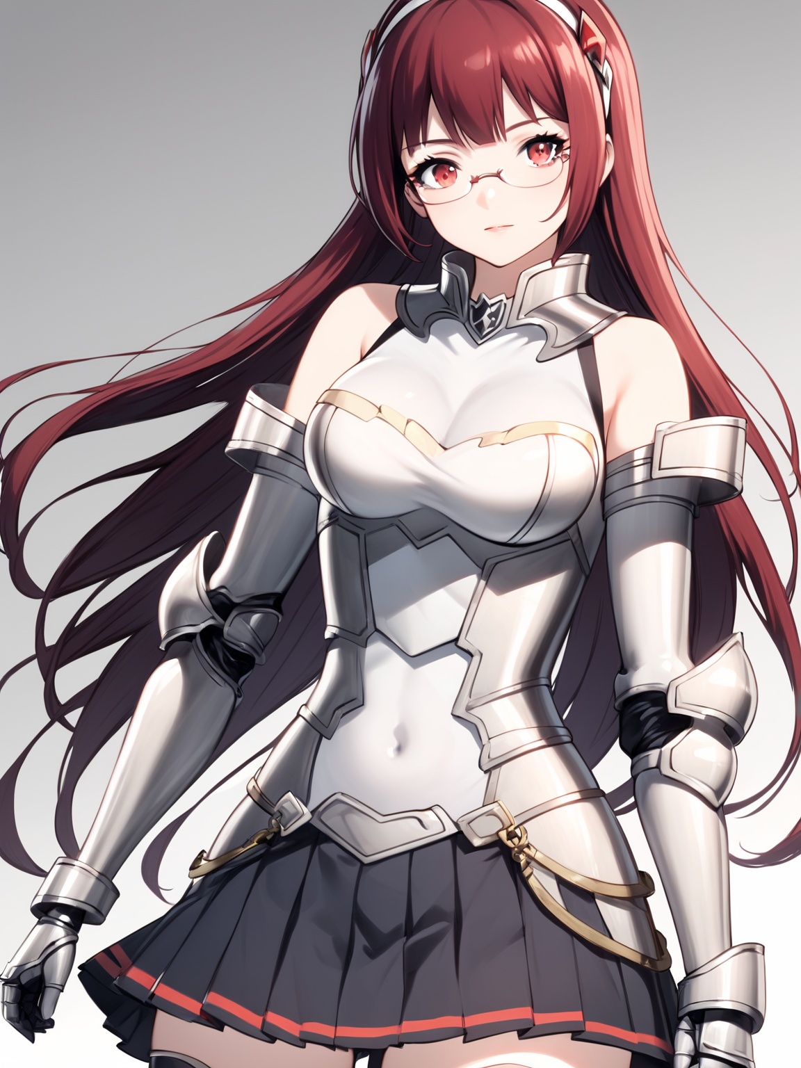masterpiece, best quality, 8k, 8k UHD, ultra-high resolution, ultra-high definition, highres
,//Character, 
1girl, solo,
,//Fashion, 

,//Background, white_background
,//Others, ,Expressiveh,
Alicia_Isekaimaou, long hair, red hair, red eyes, glasses, hairband, armor, sleeveless, bare shoulders, pleated skirt, black skirt, gauntlets, thighhighs, zettai ryouiki, covered navel