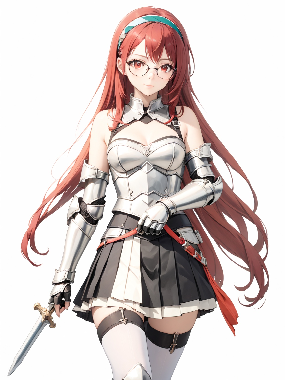 masterpiece, best quality, 8k, 8k UHD, ultra-high resolution, ultra-high definition, highres
,//Character, 
1girl, solo,
,//Fashion, 

,//Background, white_background
,//Others, ,Expressiveh,
Alicia_Isekaimaou, long hair, red hair, red eyes, glasses, hairband, armor, sleeveless, bare shoulders, pleated skirt, black skirt, thighhighs, zettai ryouiki, covered navel, gauntlets