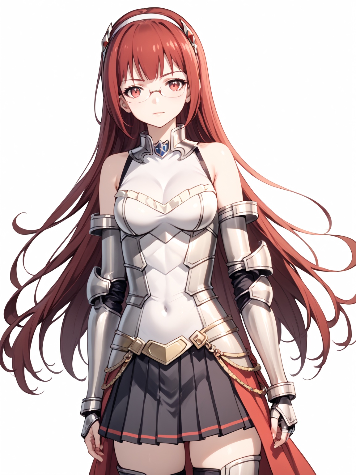 masterpiece, best quality, 8k, 8k UHD, ultra-high resolution, ultra-high definition, highres
,//Character, 
1girl, solo,
,//Fashion, 

,//Background, white_background
,//Others, ,Expressiveh,
Alicia_Isekaimaou, long hair, red hair, red eyes, glasses, hairband, armor, sleeveless, bare shoulders, pleated skirt, black skirt, thighhighs, zettai ryouiki, covered navel, gauntlets