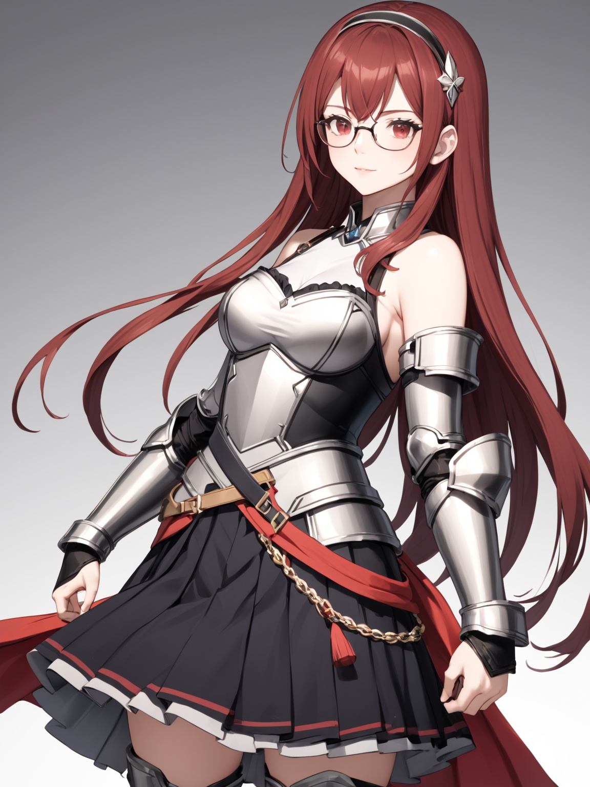 masterpiece, best quality, 8k, 8k UHD, ultra-high resolution, ultra-high definition, highres
,//Character, 
1girl, solo,
,//Fashion, 

,//Background, white_background
,//Others, ,Expressiveh,
Alicia_Isekaimaou, long hair, red hair, red eyes, glasses, hairband, armor, sleeveless, bare shoulders, pleated skirt, black skirt, thighhighs, zettai ryouiki, covered navel, gauntlets