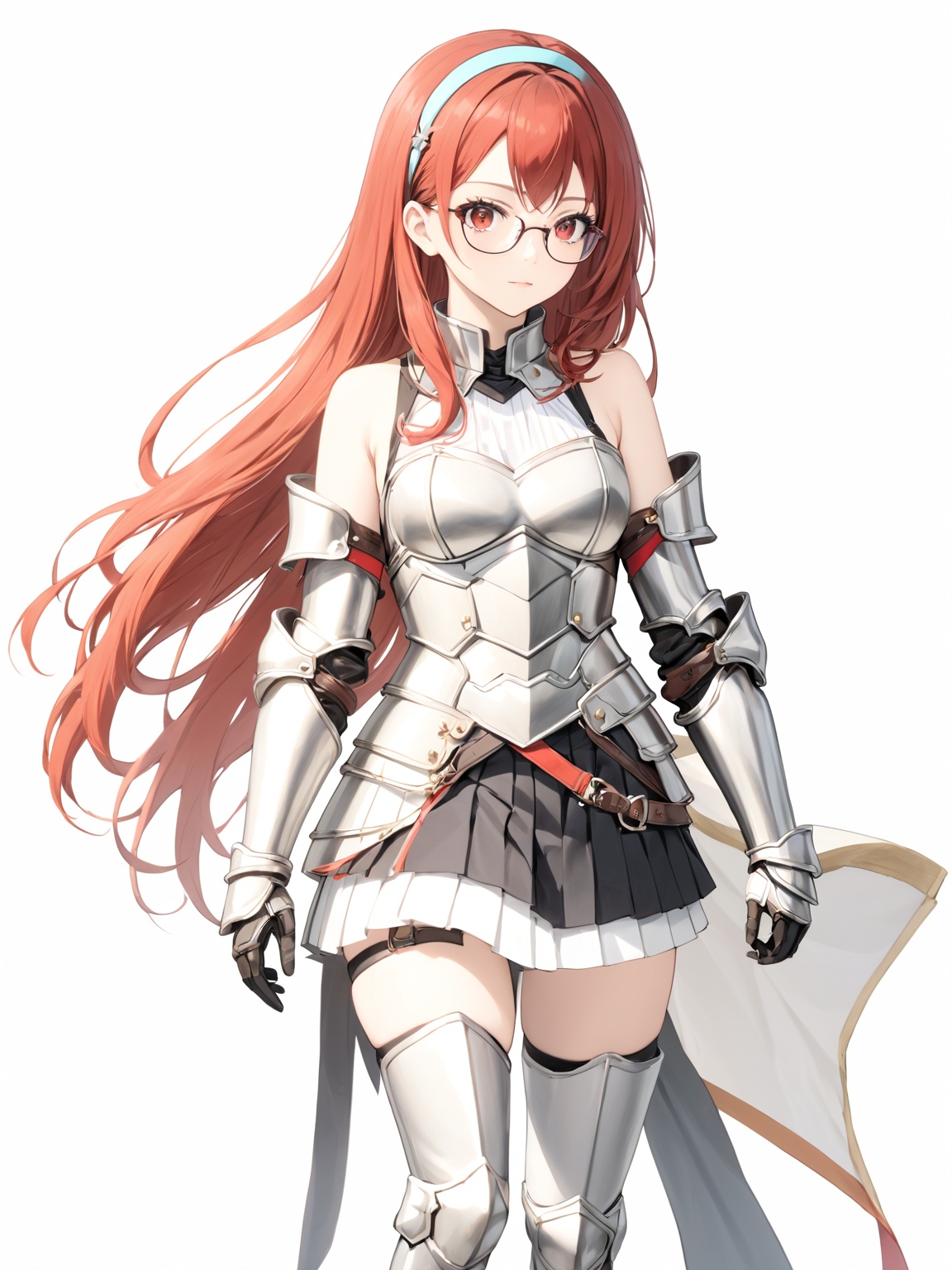 masterpiece, best quality, 8k, 8k UHD, ultra-high resolution, ultra-high definition, highres
,//Character, 
1girl, solo,
,//Fashion, 

,//Background, white_background
,//Others, ,Expressiveh,
Alicia_Isekaimaou, long hair, red hair, red eyes, glasses, hairband, armor, sleeveless, bare shoulders, pleated skirt, black skirt, thighhighs, zettai ryouiki, covered navel, gauntlets