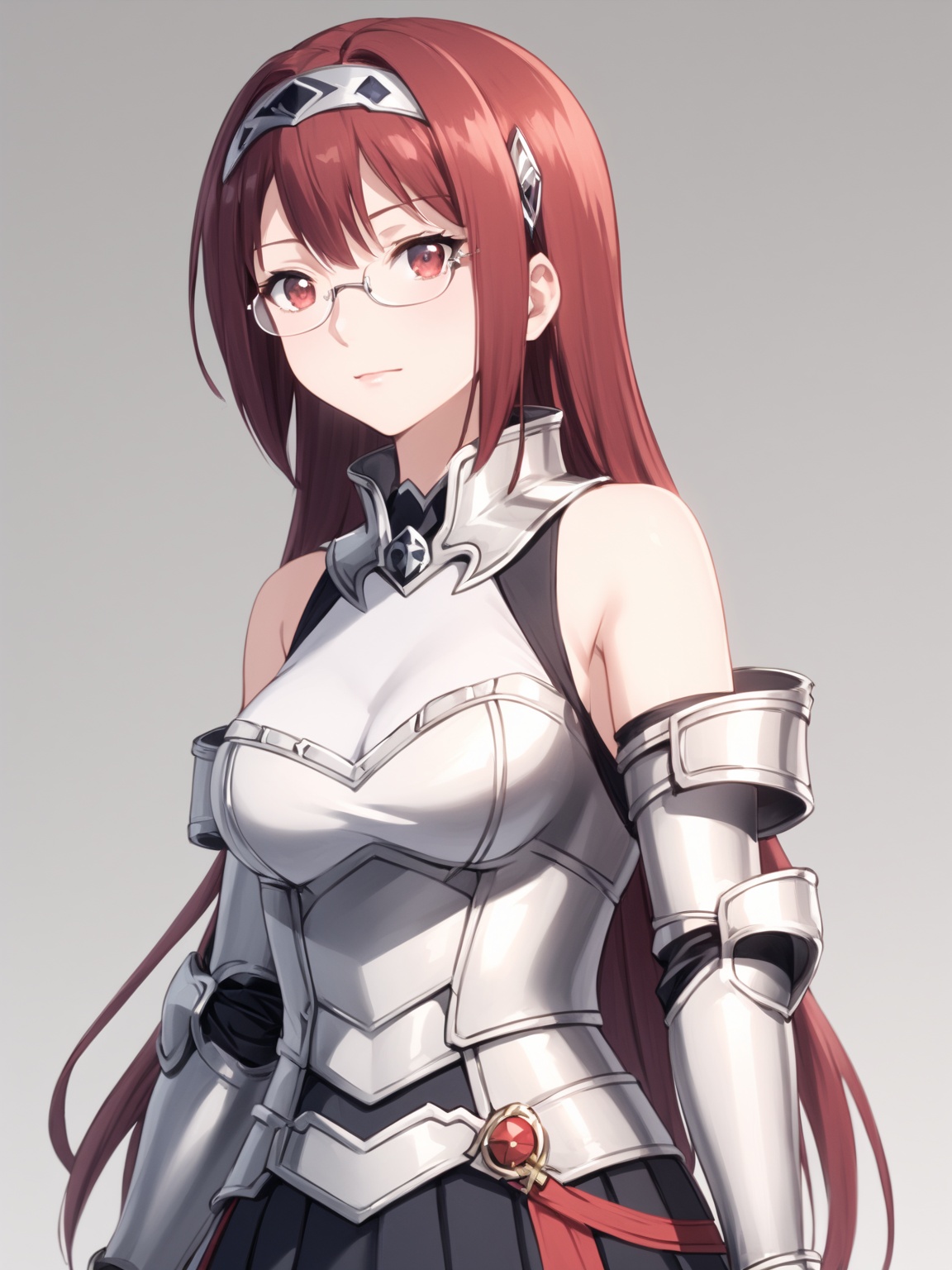 masterpiece, best quality, 8k, 8k UHD, ultra-high resolution, ultra-high definition, highres
,//Character, 
1girl, solo,
,//Fashion, 

,//Background, white_background
,//Others, ,Expressiveh,
Alicia_Isekaimaou, long hair, red hair, red eyes, glasses, hairband, armor, sleeveless, bare shoulders, pleated skirt, black skirt, thighhighs, zettai ryouiki, covered navel, gauntlets
