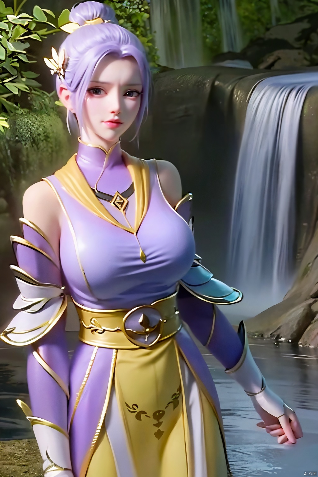 masterpiece,(best quality),official art,(extremely delicate and beautiful),solo,(yellow chinese clothes,yellow dress,bare shoulders,frilled collar,earrings,long sleeves),1girl,solo,black hair,facial mark,forehead mark,hair bun,hair ornament,hair stick,jewelry,long hair,,adfxx,,Xhanyue,(big breasts:1.39),(flowers,Waterfall, lotus, willow, butterfly:1.23)