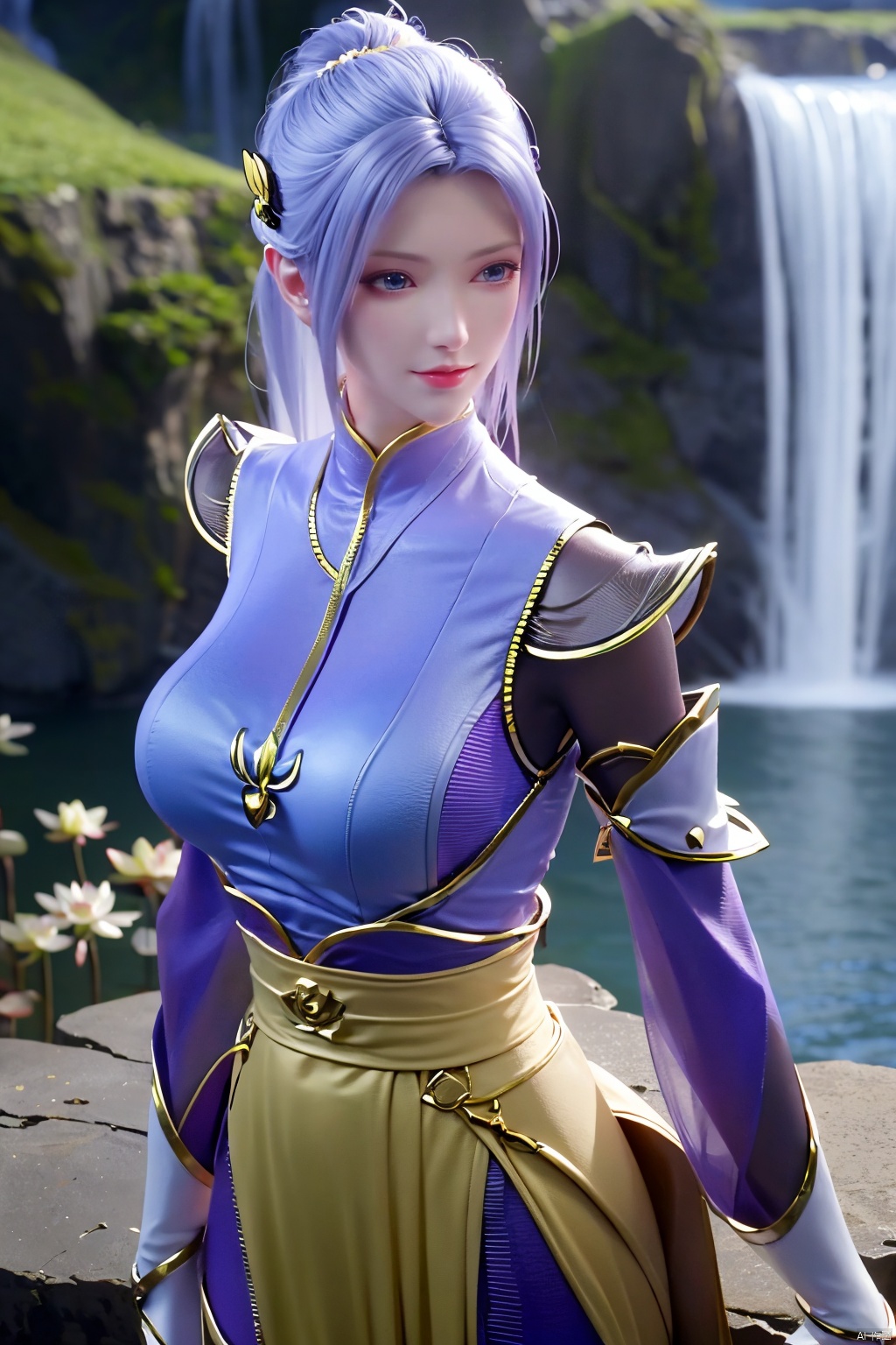 masterpiece,(best quality),official art,(extremely delicate and beautiful),1girl, solo, twintails, blue eyes, dress, detached sleeves, mischevious smile, perfect body, scenery, sharp focus, best quality, masterpiece, detailed outfit, illustration, perfect eyes, finely detailed beautiful anime eyes, realistic skin, intricate details, best lighting, depth of field, ultra high resolution,cowboy_shot, dynamic pose, dynamic angle,Xhanxue,(big breasts:1.43),(flowers,Waterfall, lotus, willow, butterfly:1.23),
