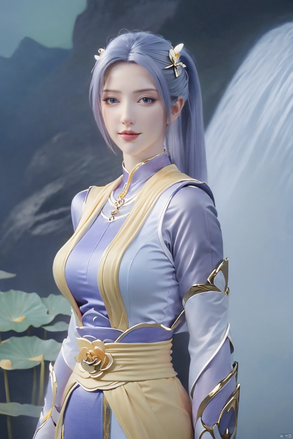 masterpiece,(best quality),official art,(extremely delicate and beautiful),1girl, solo, twintails, blue eyes, dress, detached sleeves, mischevious smile, perfect body, scenery, sharp focus, best quality, masterpiece, detailed outfit, illustration, perfect eyes, finely detailed beautiful anime eyes, realistic skin, intricate details, best lighting, depth of field, ultra high resolution,cowboy_shot, dynamic pose, dynamic angle,Xhanxue,(big breasts:1.43),(flowers,Waterfall, lotus, willow, butterfly:1.23),