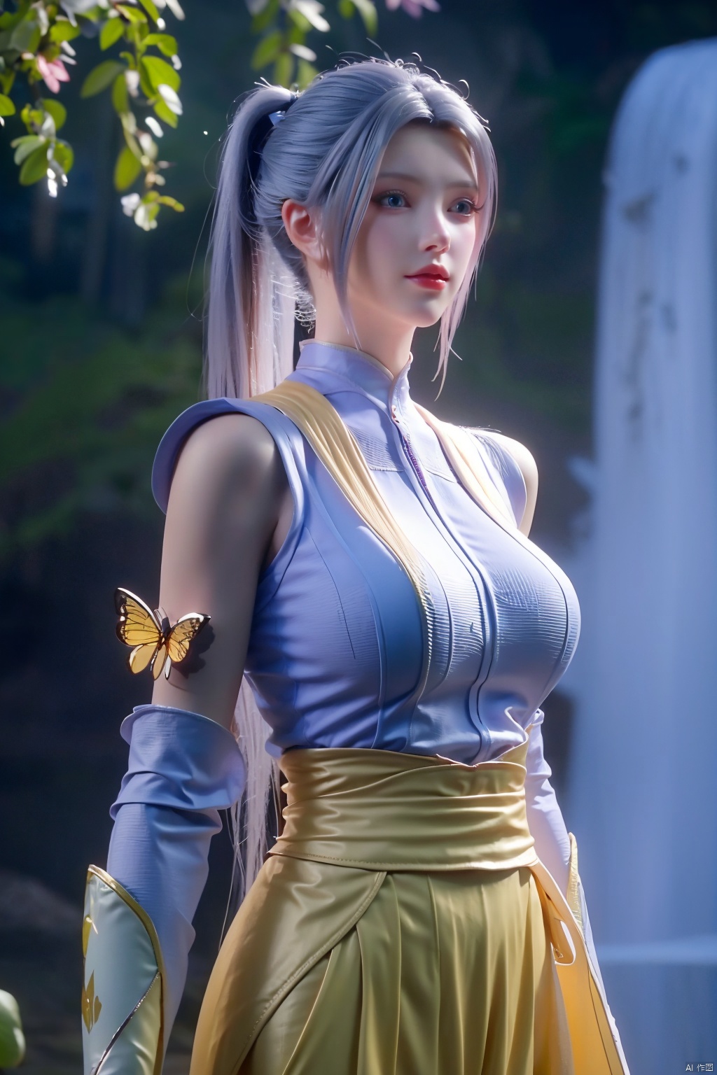 masterpiece,(best quality),official art,(extremely delicate and beautiful),1girl, solo, twintails, blue eyes, dress, detached sleeves, mischevious smile, perfect body, scenery, sharp focus, best quality, masterpiece, detailed outfit, illustration, perfect eyes, finely detailed beautiful anime eyes, realistic skin, intricate details, best lighting, depth of field, ultra high resolution,cowboy_shot, dynamic pose, dynamic angle,Xhanxue,(big breasts:1.43),(flowers,Waterfall, lotus, willow, butterfly:1.23),