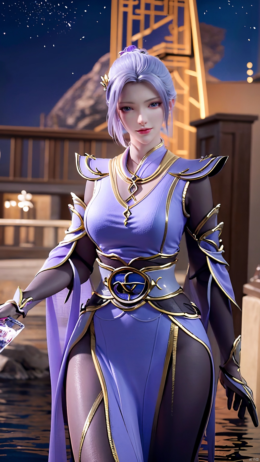 Xhanxue,(Good structure), DSLR Quality,Depth of field,kind smile,looking_at_viewer,Dynamic pose,,1girl,upper_body,Masterpiece-level best_quality, concept artwork, a lonely solo girl, fashion, , Super clear, realistic, Professionalstudio, trend, , , (Holding a weapon in hand:1.2), (best hands details:1.2), , long shawl hair, Big hair accessories, correct body proportions, ((poakl)), Her limbs are transparent and glow softly (bright limbs), (from_below:1.2), transparent details, Ultra high resolution, Ultra Realistic, , A highly detailed, intricate and complex details, Ultra-Detailed, shiny_clothes, ((Ink scattering_Chinese style)), Ink and wash style, 8K, hologram, (detailed ice), Ice magic, Starry sky adorns hair, depth of field, Sank into the starry sea, ((beautiful detailed water)), ((floating)), dynamic angle, water magic, the most beautiful form of chaos, elegant, atmospheric, the background is the magic sky castle, magic flash of fantasy, ((big beast:1.23)), magic tower with glitter in the background, cosmos, The furnace of everything, dress, , 1girl, hanyue, purple hair