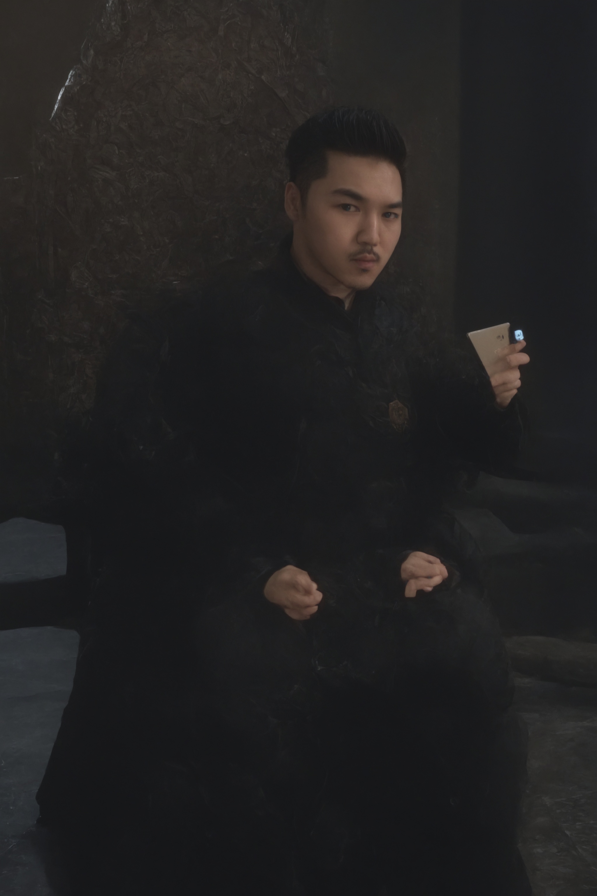 \ visan,  a 30 years old asian man,  seated upon the divine throne of civil war and bloodshed taking a selfie on Tensor.Art