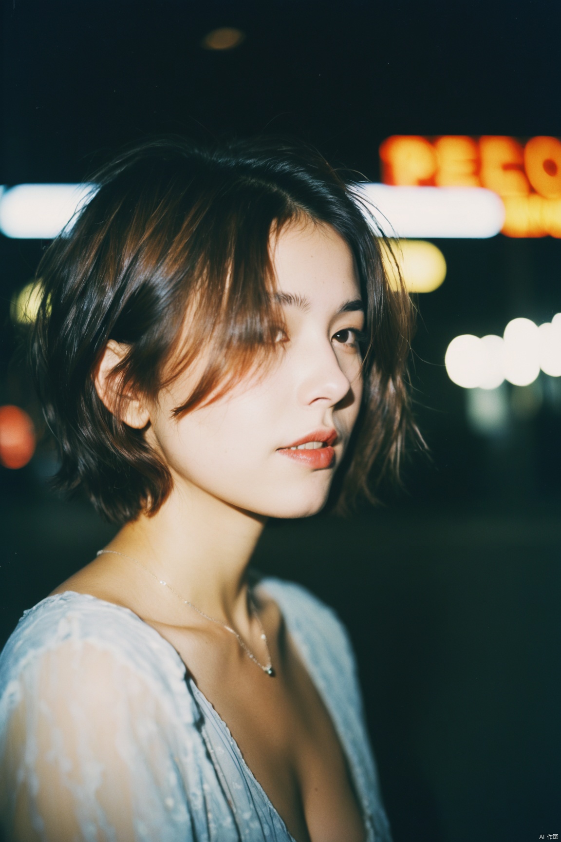 1girl,analogue,film,washedout,film,colour faded,400 iso film stock,oldfashioned,mark,beautiful cinematic lighting,engaging atmosphere,((film still,movie still)),photograph,volumetric lighting,Slow Shutter Speed,Primitivism,RAW photo,ultra-sharp focus,internationally-acclaimed photograph,ambient atmosphere,portrait of a woman,fluffy short hair,film, graininess,cold