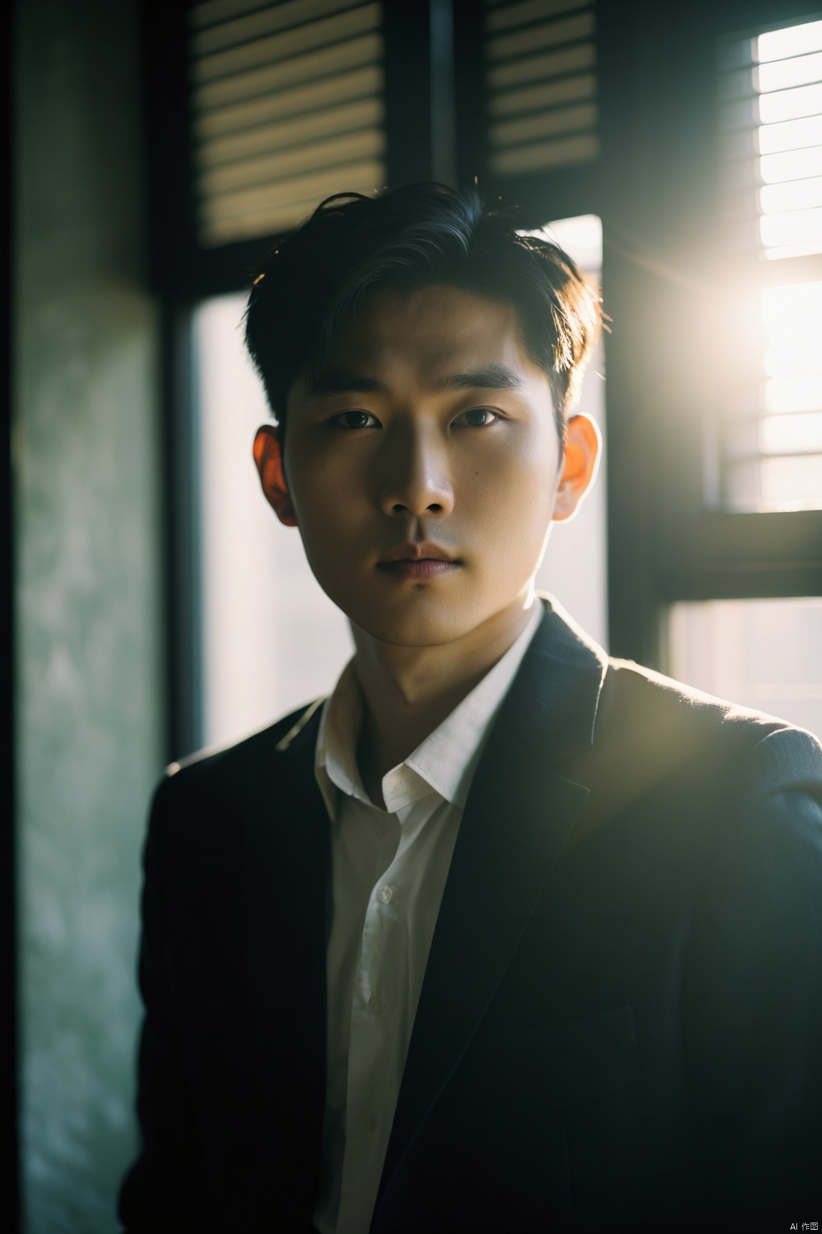 A backlit portrait of a young Asian male with a soft halo of sunlight on her head, dressed in a suit, straight faced, and light leaking out of overexposed windows. Her neutral and relaxed expression is 25 years old, with a cinematic texture inspired by Wong Kar wai's, masterpiece,
