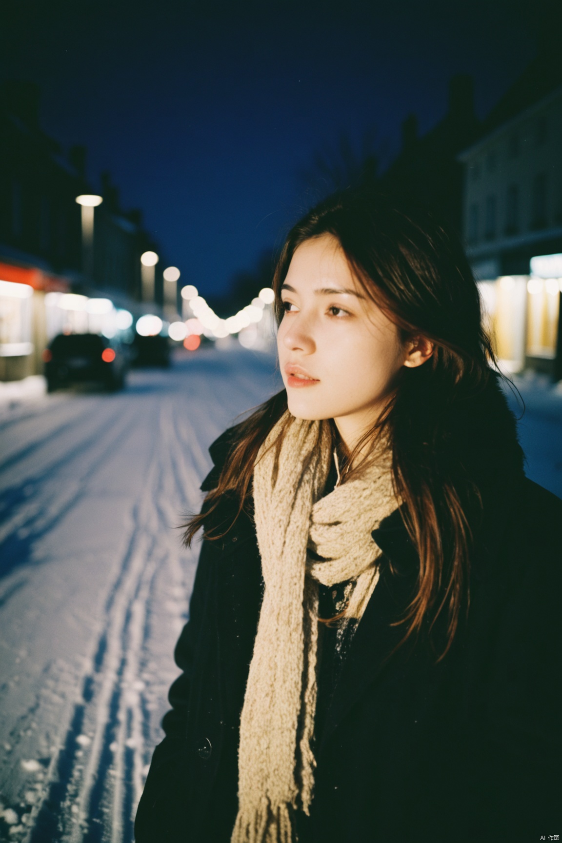 1girl,analogue,film,washedout,film,colour faded,400 iso film stock,oldfashioned,mark,beautiful cinematic lighting,engaging atmosphere,((film still,movie still)),photograph,volumetric lighting,Slow Shutter Speed,Primitivism,RAW photo,ultra-sharp focus,internationally-acclaimed photograph,ambient atmosphere,ambient,in winter,abomasnow,