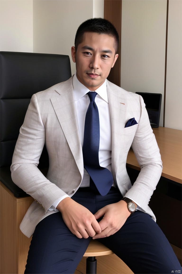 jzns,1man,asian,male focus,handsome,delicate face,30y.o,muscular,suit,shirt,necktie,watch,business  pants,sitting,in office,full crotch,masterpiece,realistic,best quality,highly detailed,, jznszz,djt