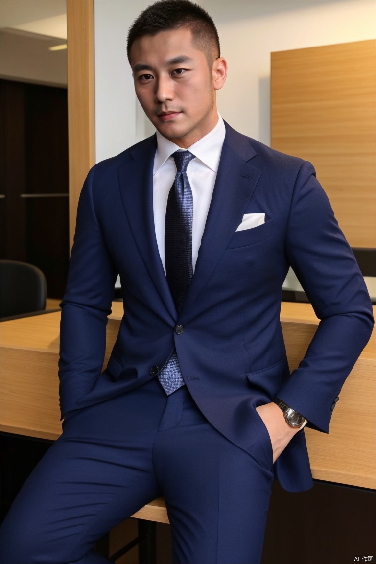 jzns,1man,asian,male focus,handsome,delicate face,30y.o,muscular,suit,shirt,necktie,watch,business  pants,sitting,in office,masterpiece,realistic,best quality,highly detailed,, jznszz,djt