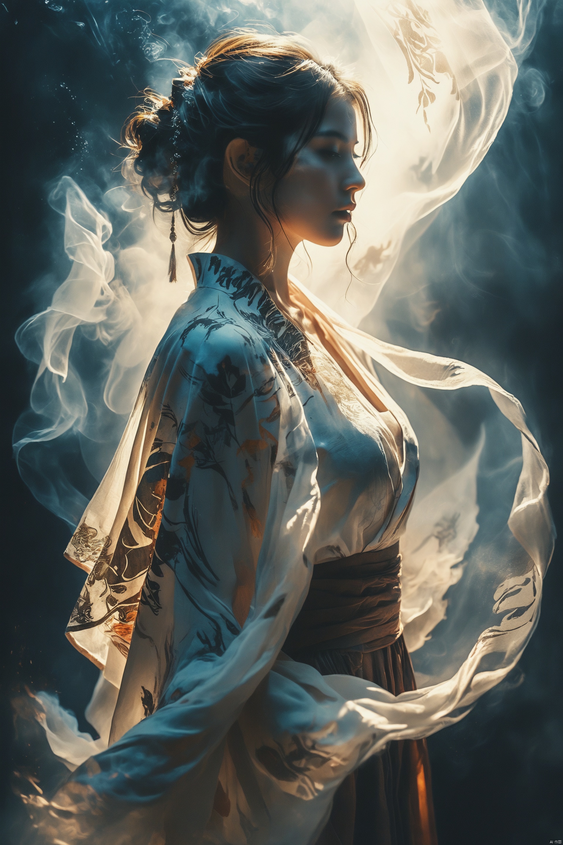 Double Exposure Style,Volumetric Lighting,a girl with Wrap top,arching her back,Traditional Attire,Artistic Calligraphy and Ink,light depth,dramatic atmospheric lighting,Volumetric Lighting,double image ghost effect,image combination,double exposure style