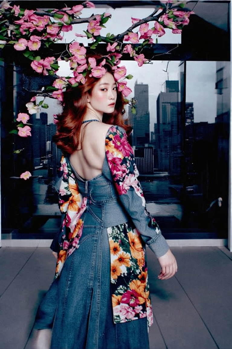 colorful flower on background forming a text that say "FASHION_SD3" ,  in foreground there is a professional Japanese mode...