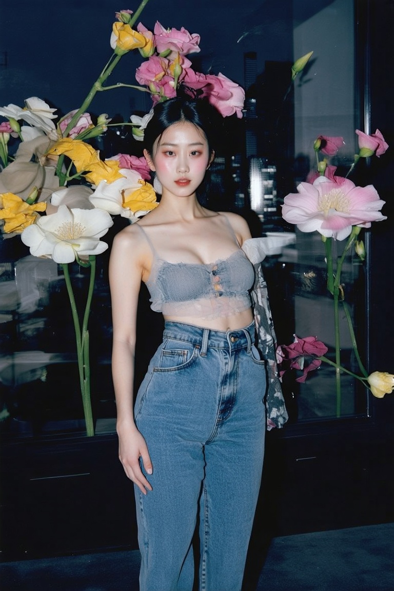 colorfyl flower on background that say "FASHION_SD3" ,  in foreground there is a professional Japanese model posing in a s...