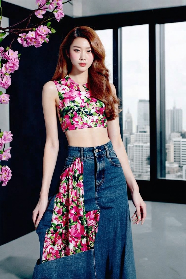 colorful flower on background forming a text that say "FASHION_SD3" ,  in foreground there is a professional Japanese mode...
