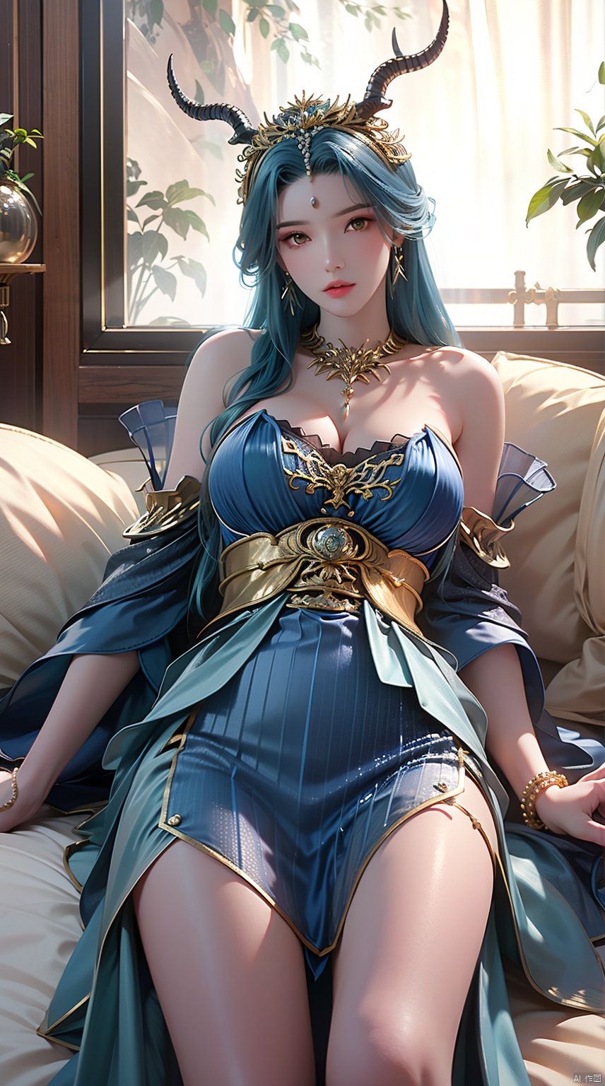 bestquality,ultradetailed,beautifuldetailedface,completeanatomy,langnu,1girl,blue hair,crown,gem,gold,jewelry,long hair,looking at viewer,yellow eyes,forehead jewel,necklace,(horns:1.4),hair ornament,blue dress,dragon girl,earrings,bare shoulders,((poakl)),cleavage,strapless underwear,bare shoulders, breasts,(Indoor:1.4),(Lying in bed:1.4),Beautiful thighs, (Dew thigh:1.4)without straps,sleeveless, armband,Bed, pillows, sheets, lying down,Barefoot