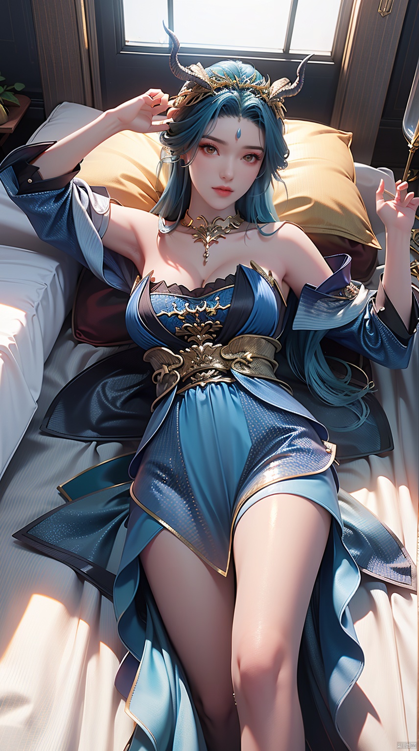 bestquality,ultradetailed,beautifuldetailedface,completeanatomy,langnu,1girl,blue hair,crown,gem,gold,jewelry,long hair,looking at viewer,yellow eyes,forehead jewel,necklace,(horns:1.4),hair ornament,blue dress,dragon girl,earrings,bare shoulders,((poakl)),cleavage,strapless underwear,bare shoulders, breasts,(Indoor:1.4),(Lying in bed:1.4),Beautiful thighs, (Dew thigh:1.4)without straps,sleeveless, armband,Bed, pillows, sheets, lying down,Barefoot