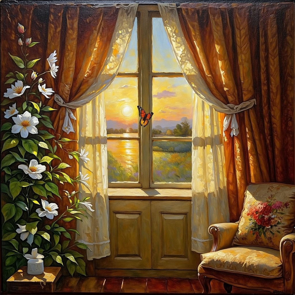 A masterfully rendered oil on canvas masterpiece depicts a serene evening scene,  with velvety brushstrokes and vivid colo...