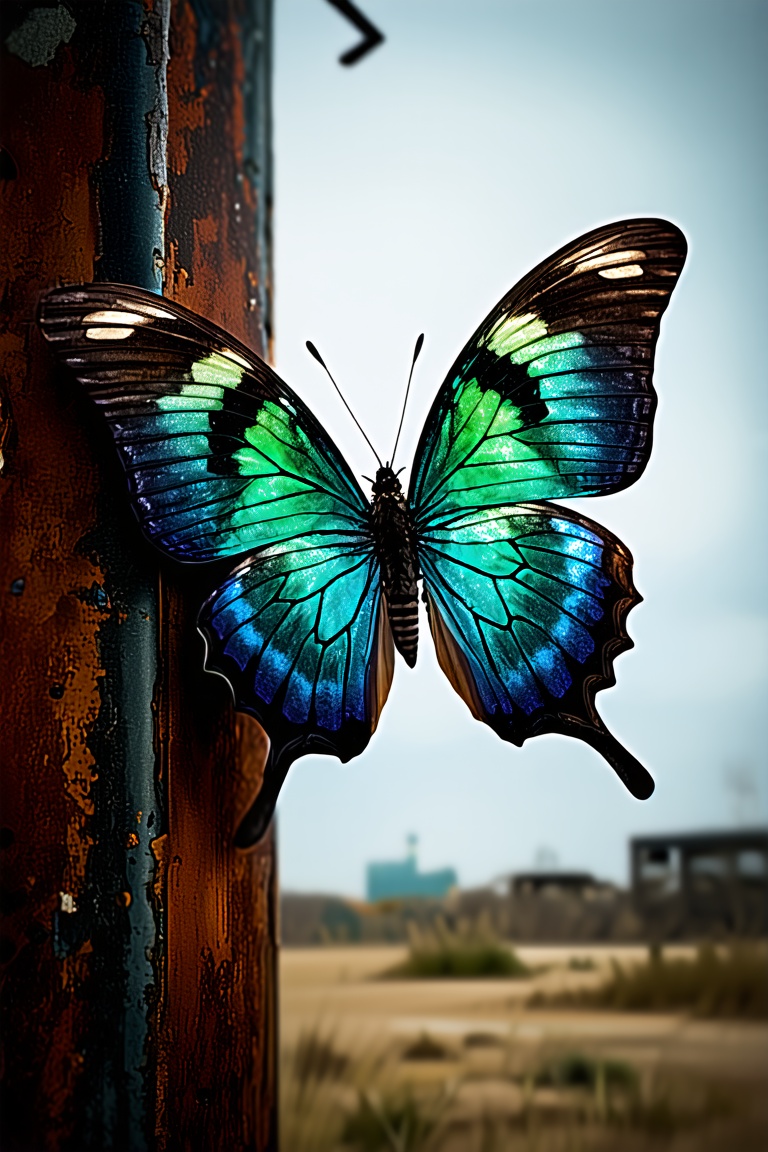 Digital painting of a glowing,  iridescent blue and green butterfly with atomic pattern,  perched on a rusted on Tensor.Art