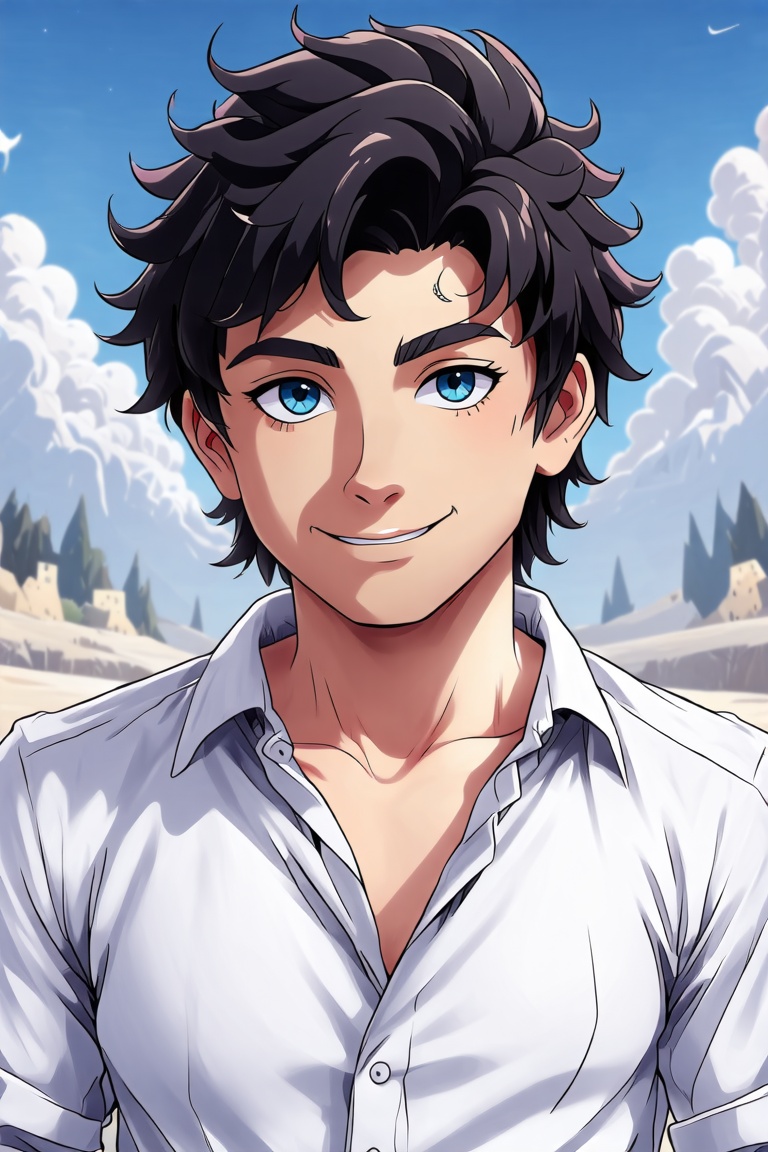 A solo young boy with piercing black eyes and a mischievous grin,  directly addressing the viewer. He wears a crisp white...