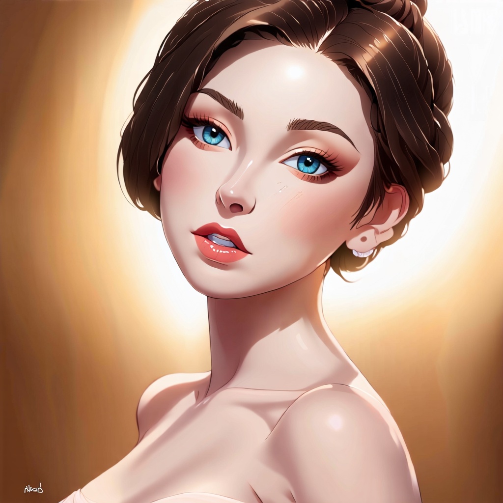 Stunning Vietnamese young woman's face fills the frame in a close-up shot. Her porcelain doll-like features are aglow unde...