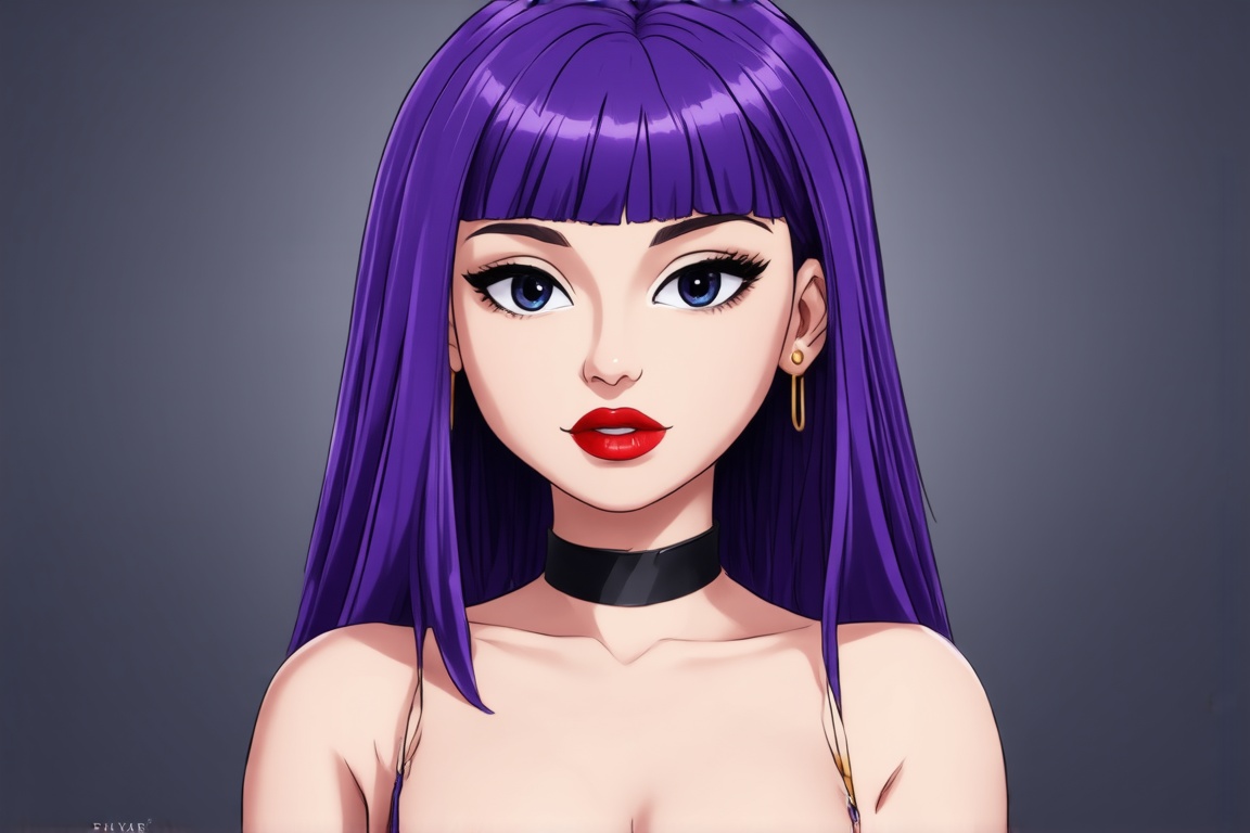 Pixar-style portrait of a girl with long,  purple hair parted down the center,  framed by blunt bangs and subtle black cho...