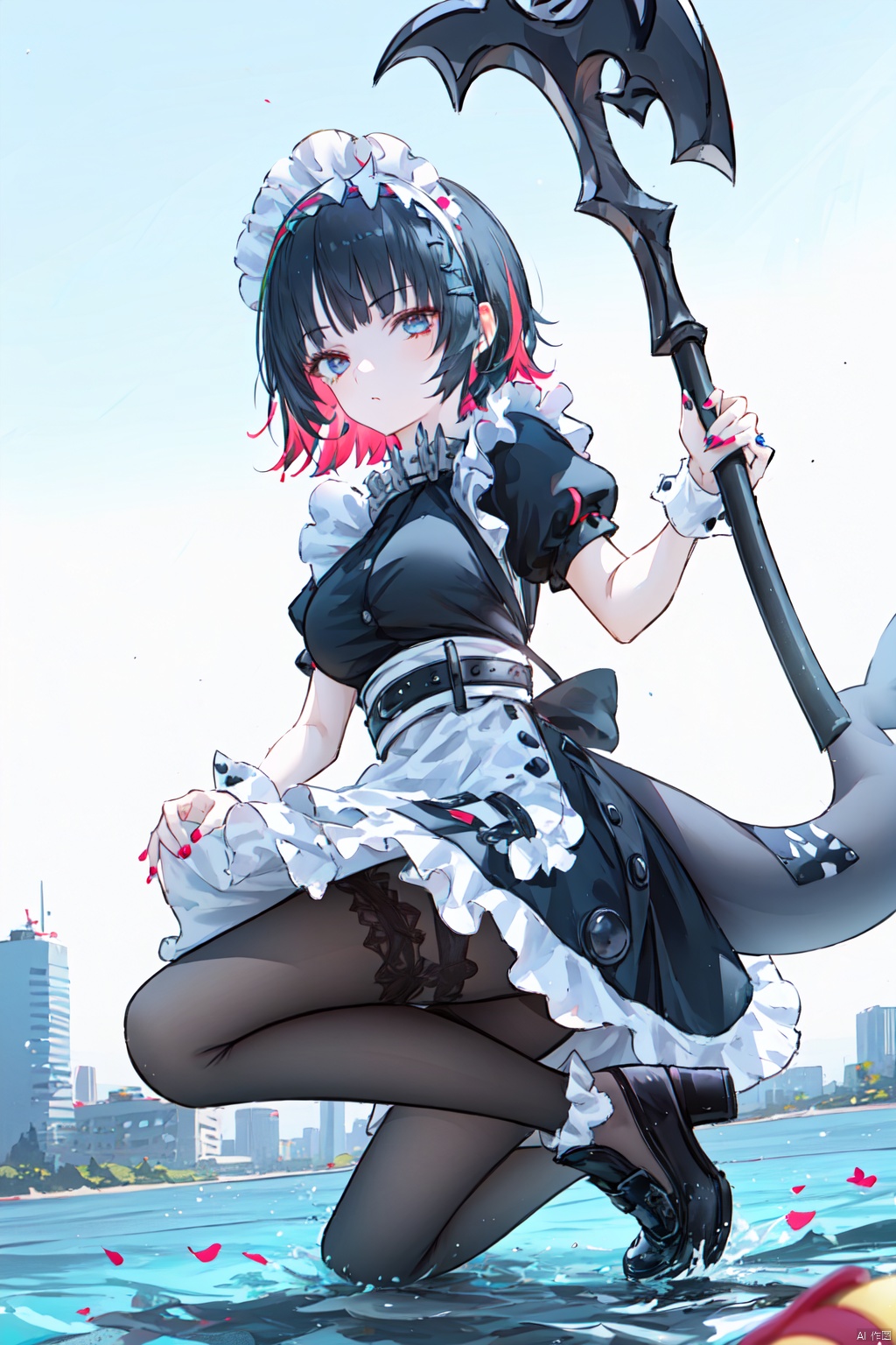 1girl,solo,(masterpiece:1.3),( beautiful:1.2),(high quality:1.2),(finely detailed:1.2),extremely detailed CG unity 8k wallpaper,best quality,a very delicate and beautiful,perfect fingers,(one cute girl at the center:1.2),loli,shark tail,black tail,

1girl, solo, breasts, short hair, bangs, black hair, dress, holding, medium breasts, purple eyes, weapon, pink hair, short sleeves, pantyhose, multicolored hair, frills, shoes, puffy sleeves, belt, indoors, nail polish, black footwear, holding weapon, apron, black dress, two-tone hair, puffy short sleeves, wrist cuffs, black pantyhose, maid, maid headdress, polearm, white apron, maid apron, frilled apron, colored inner hair